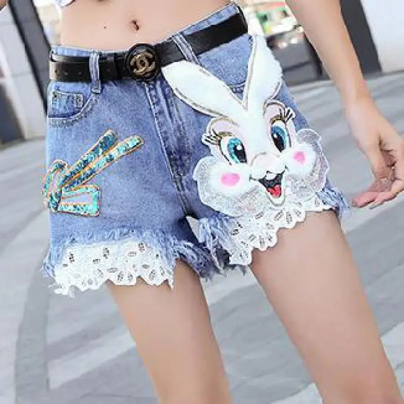 Zuolunouba Summer Women Short Embroidery Cartoon Rabbit Head Sequins Harajuku High Waist Fashion Wide Leg Shorts Female | Женская одежда