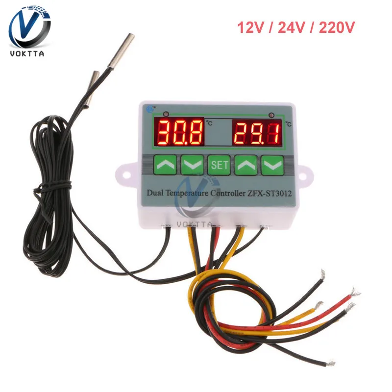 ST3012 12V 24V AC 220V светодиодный термостат с цифровым дисплеем, двойной контроль температуры, регулятор микрокомпьютера, датчик, измеритель контроля