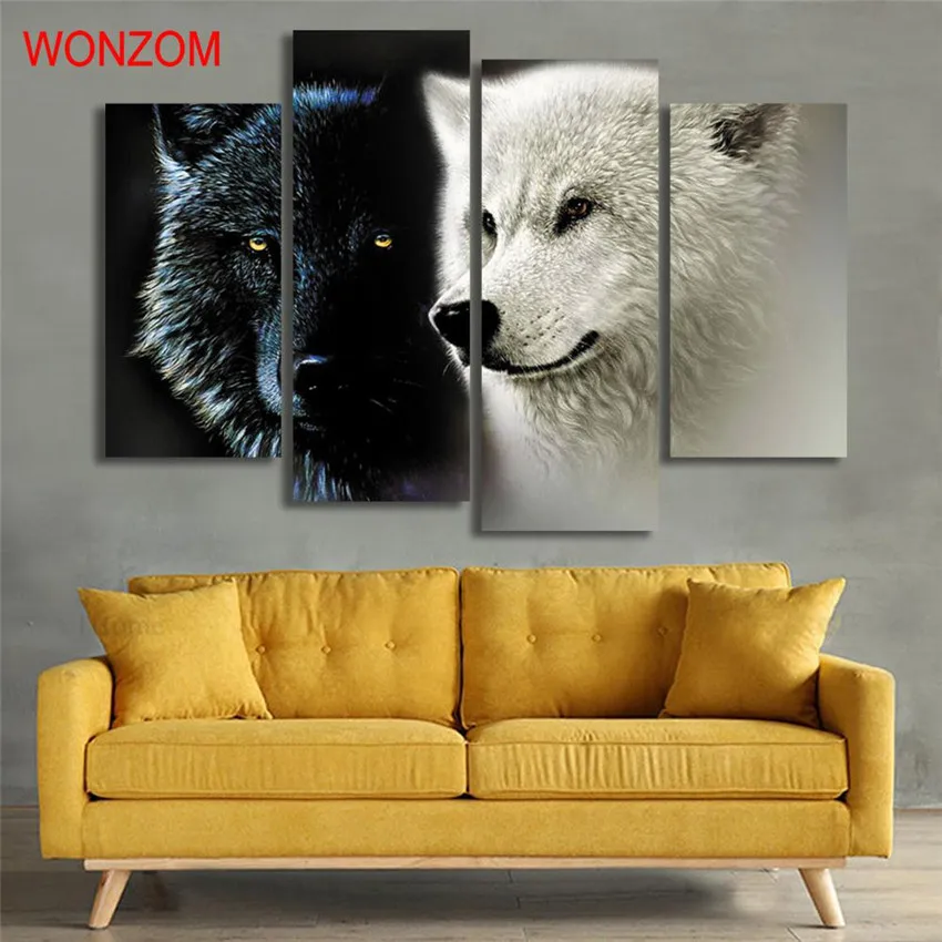 4 шт. черный белый волк холст живопись современная картина с животными на холсте