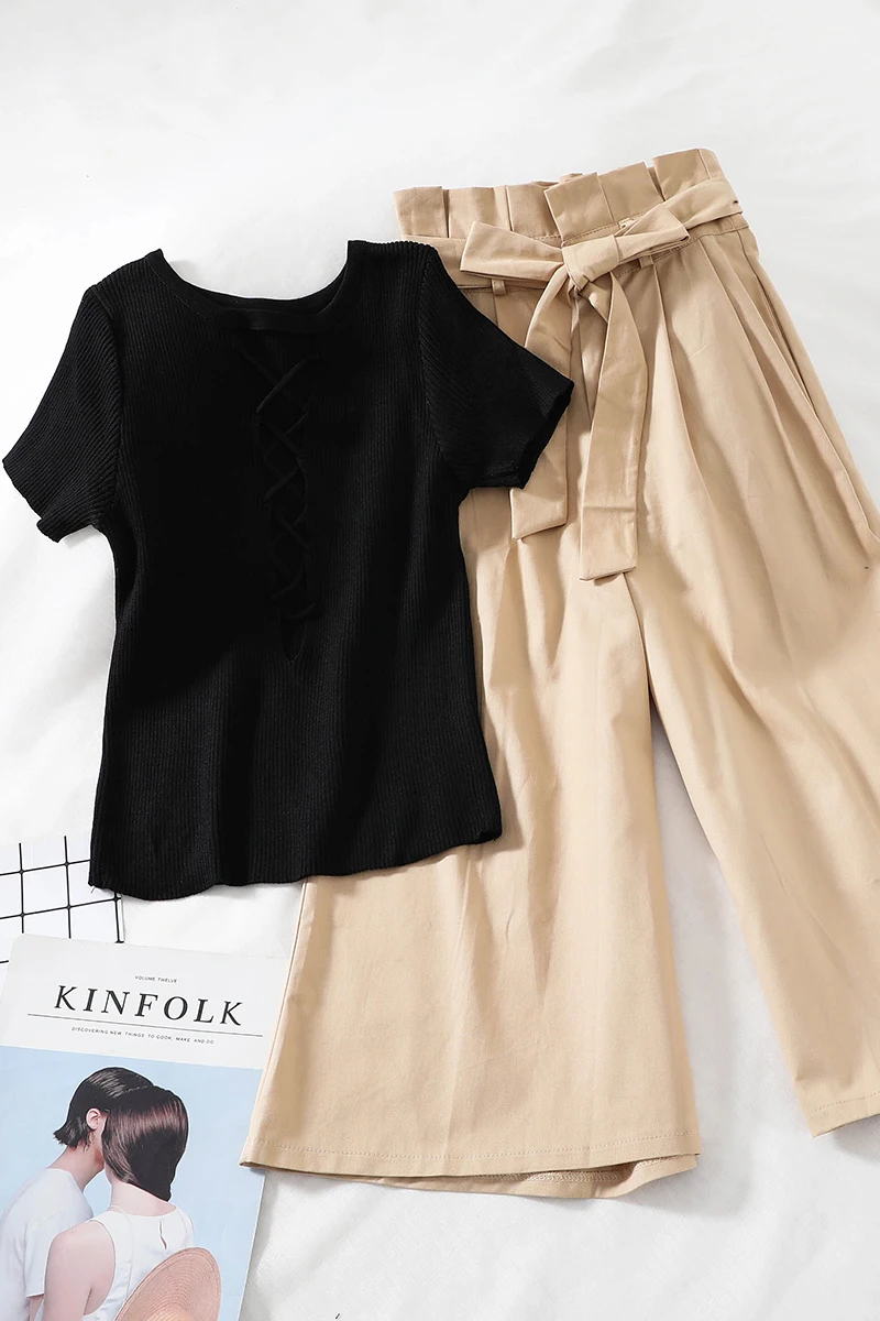 2019 Новый Модный женский комплект из двух предметов открытая футболка с крестом +