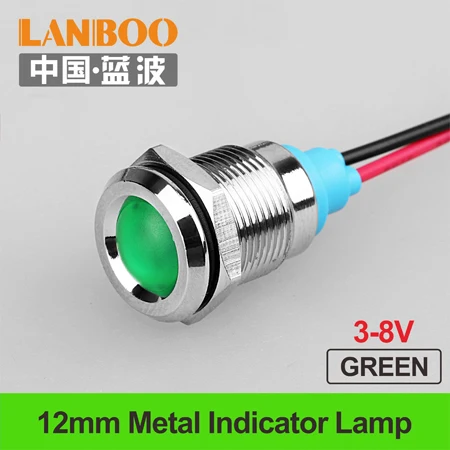 12mm-GREEN-(3-8V) 12 мм сигнальный светодиодный металлический индикатор светильник с 150 мм проводом синий зеленый красный белый желтый Пилотная лампа 12 В 24 В 220 В - Цвет: 12mm-GREEN-(3-8V)