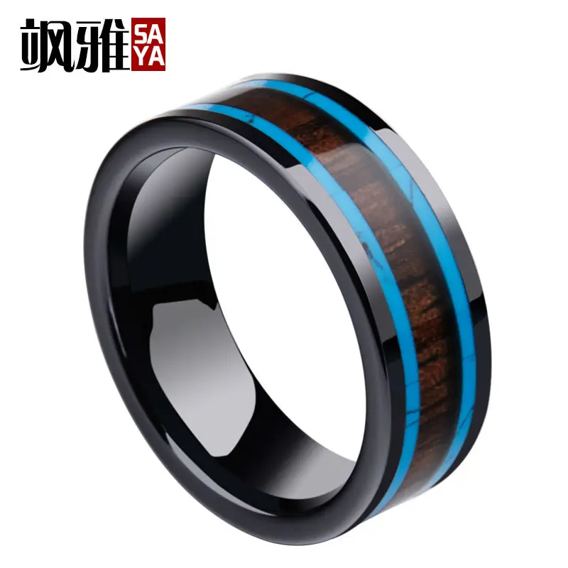 Керамическое кольцо для мужчин черное шириной 8 мм с полированной инкрустацией