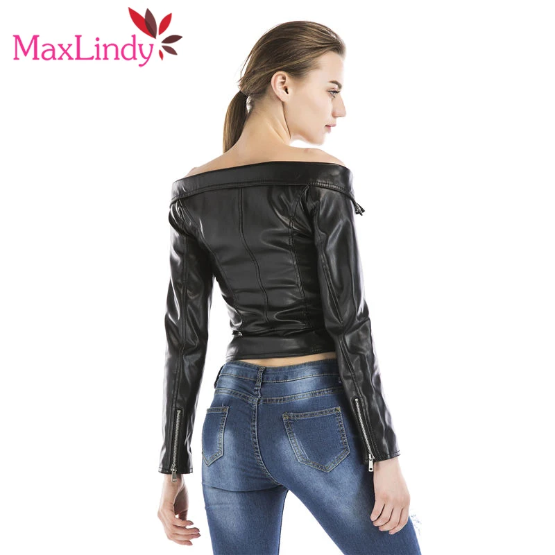 MaxLindy Искусственная кожа куртка Для Женщин Осенние пикантные с открытыми плечами