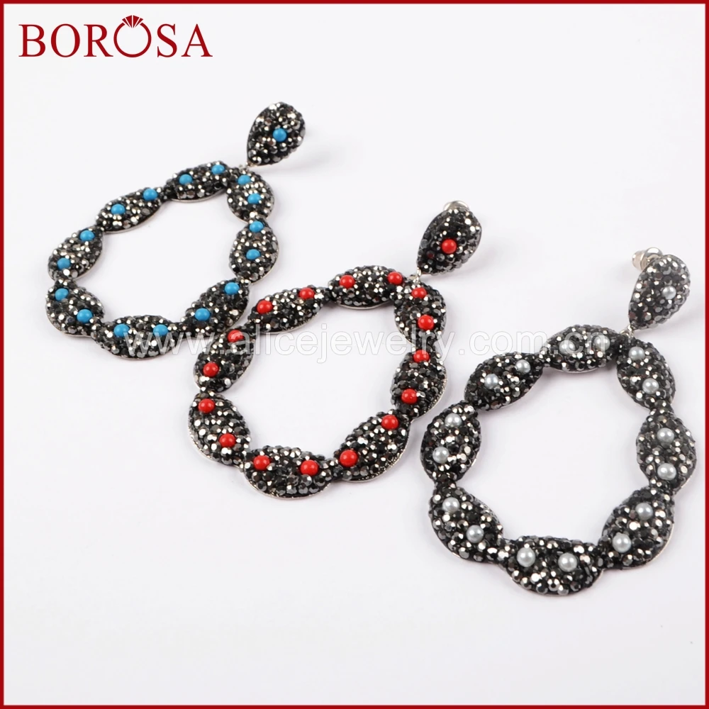 

BOROSA Серебристый Овальный Multi-kind Stone Bead разразы выложены CZ драгоценные камни Друза очаровательные модные серьги для женщин JAB780