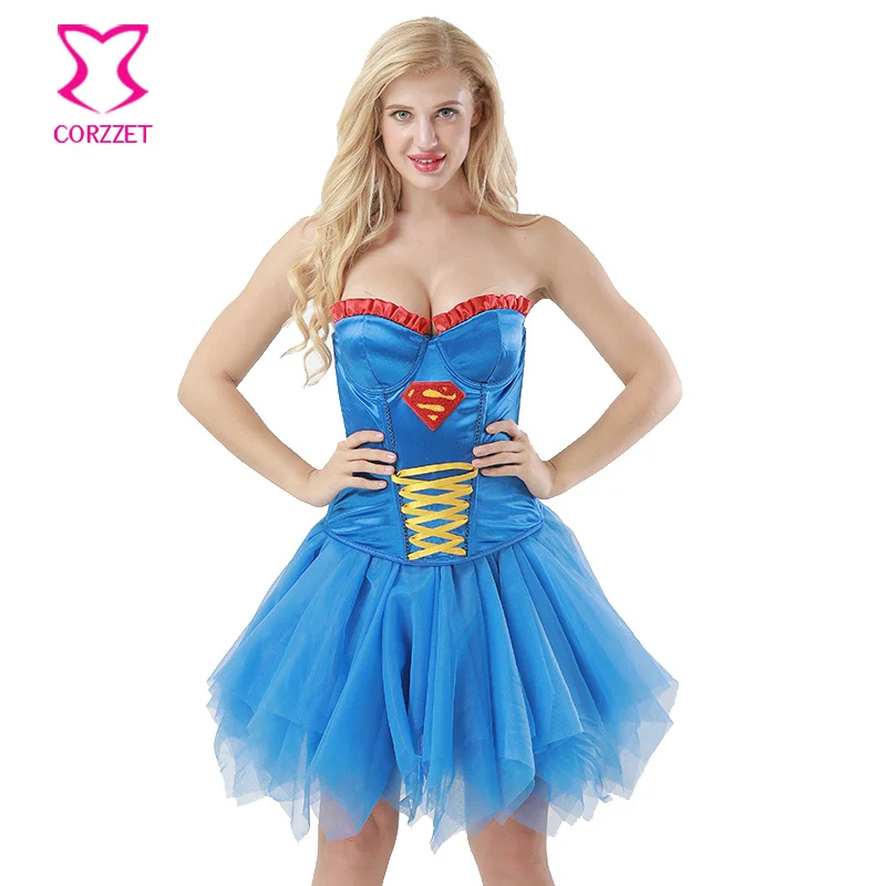 Corzzet Blue Cotton Overbust Corsets And Bustiers Waist Trainer Burlesque exy Superhero Costume Cosplay Superwoman Corset Dress