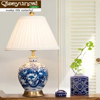 qiseyuncai 2018 chinese blue and white porcelain copper lamps study high end luxury jingdezhen ceramic decorative table lamp