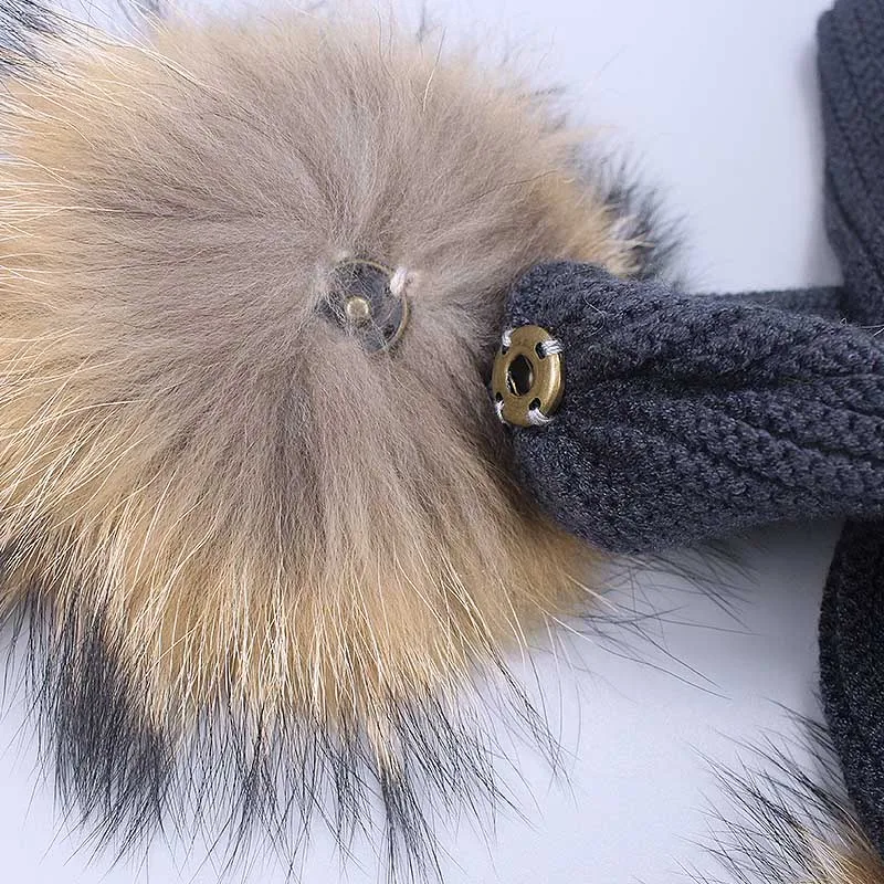 

Kids knitted Scarf And Hat Set Luxury Winter Warm Crochet Hats And Scarves With Real Fur Pom Beanie Hat for Boys And Girls