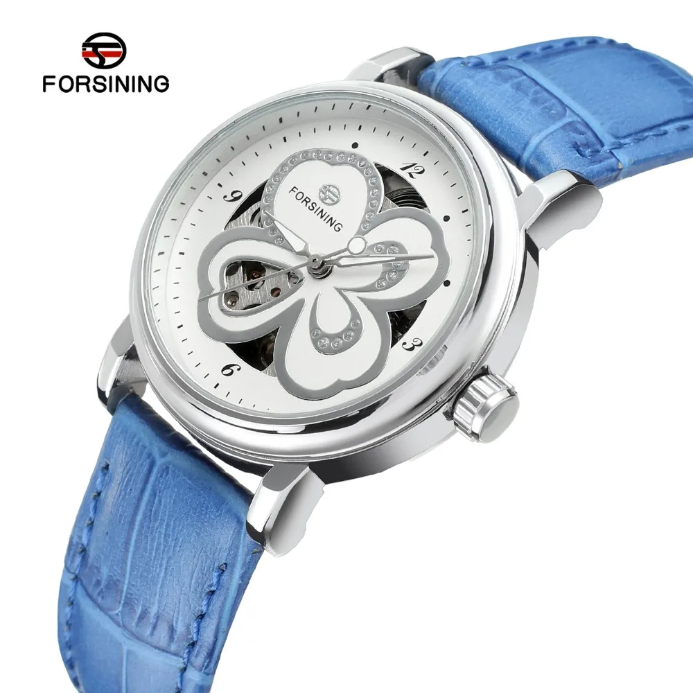 Forsining Women's Watch Skeleton Analog Transparent Crystal Leather StrapFashion Casual Brand Wristwatch Color White FSL8014M3 | Наручные