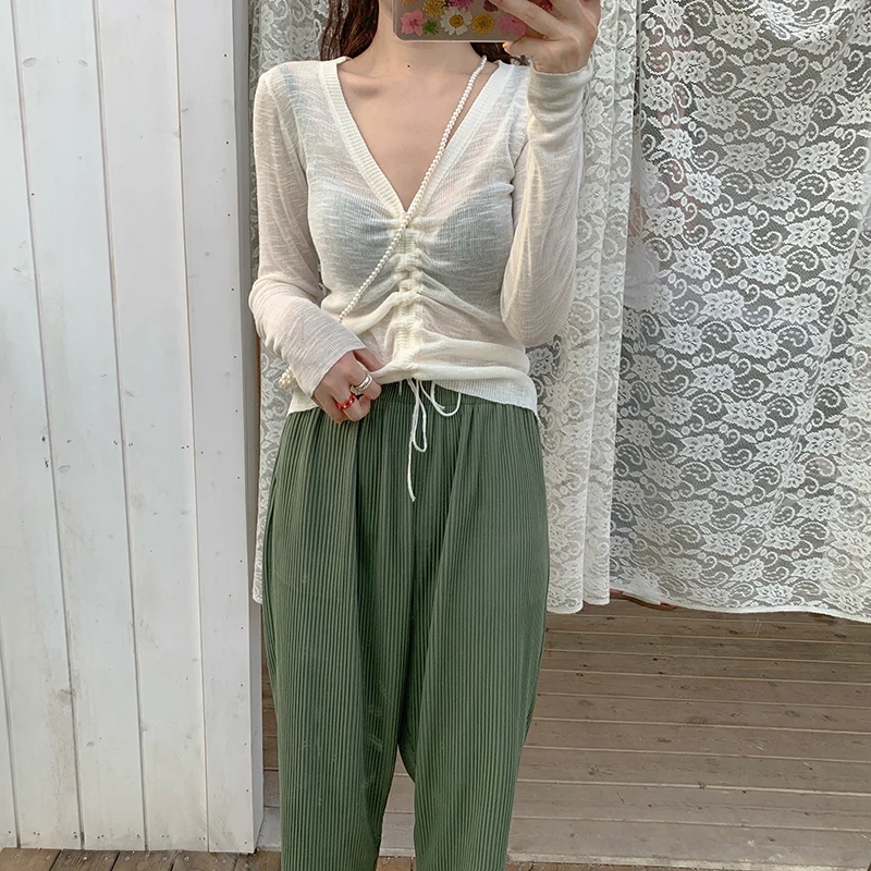 2019 summer korean style v neck thin sweater see through knitted long sleeve tops womens lace up tee shirt femme (R4484) | Женская