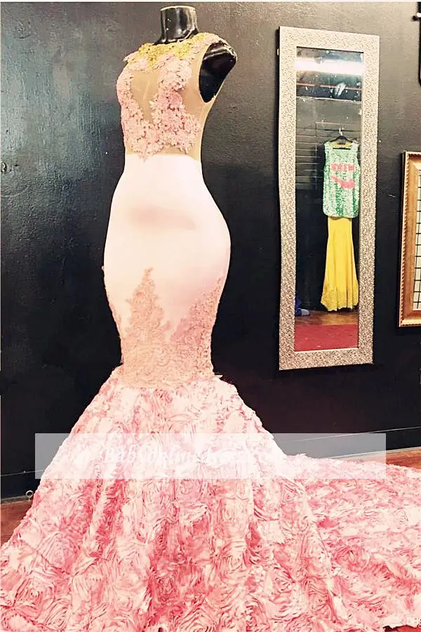 Sexy Long Prom Dress 2019 Mermaid Pink 3D Flowers Lace Floor Length for African Black Girls Formal Evening Party Gowns 2019