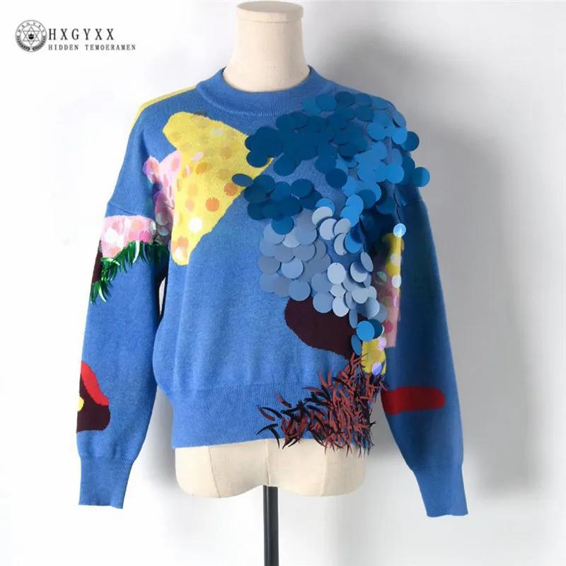 Luxury Brand Sequins Runway Sweater For Women 2020 Spring Autumn Thick Warm Pullover Fish Beading Knit Jumpers Crop Top Okb497 | Женская