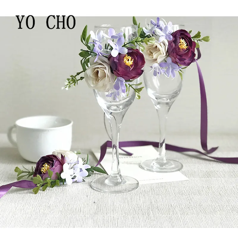

YO CHO Handmade Wedding Corsage Groom Boutonniere Bride Bridesmaid Women Wrist Flower Artificial Flowers Corsages Wedding Supply