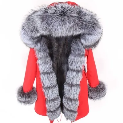 OFTBUY, зимняя женская куртка, пальто с натуральным мехом, парка с натуральным лисьим воротником, подкладка из лисьего меха, Черное длинное пальто в полоску, уличная одежда, новая мода - Цвет: red jacket