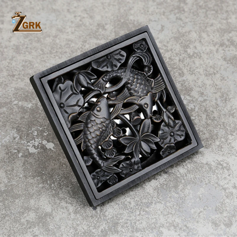 zgrk square black brass shower drain strainer floor cover balcony bathroom bath accessories grate waste 1010 floor drain free global shipping