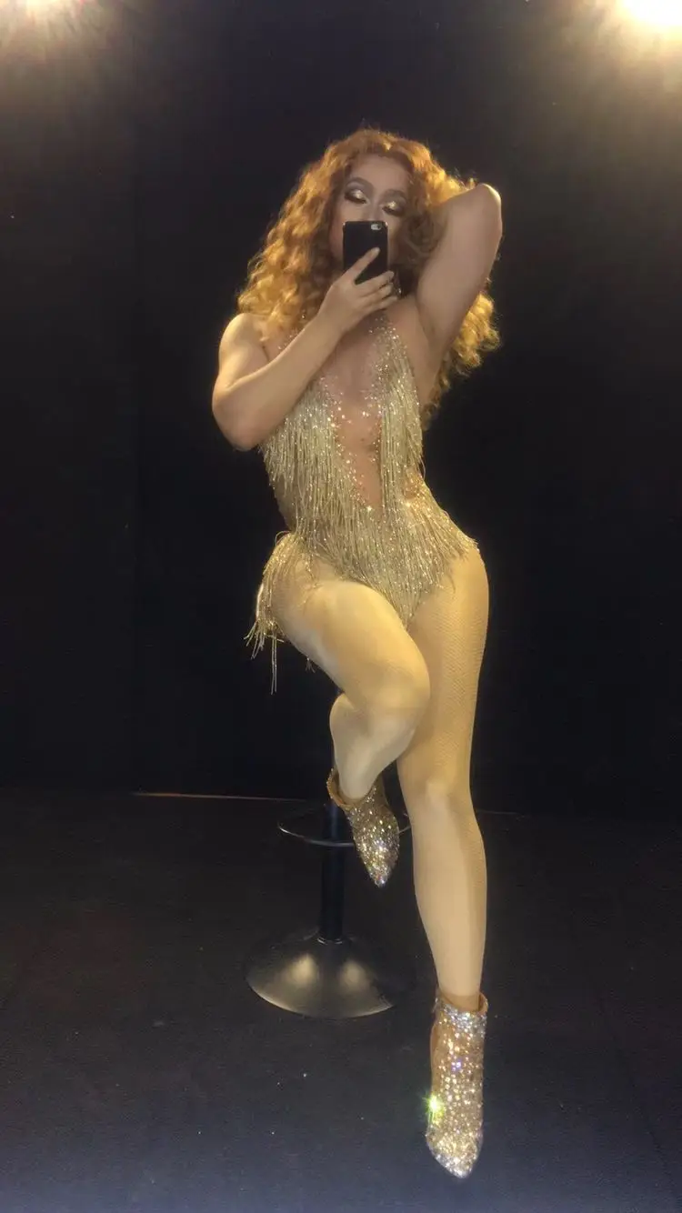 Glisten Beads Costumes Women One-piece Dance Wear Singer Stage Leotard Headdress Sparkly Gold Tassel Bodysuit Rhinestones Outfit |