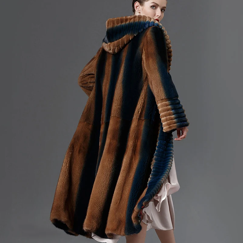 LVCHI Winter 2019 Mink Fur Coats Women's Hat Long Sleeve Coat Full Pelt Ruffles Neck Real Natural Fur X-Long Causal Mink Coats