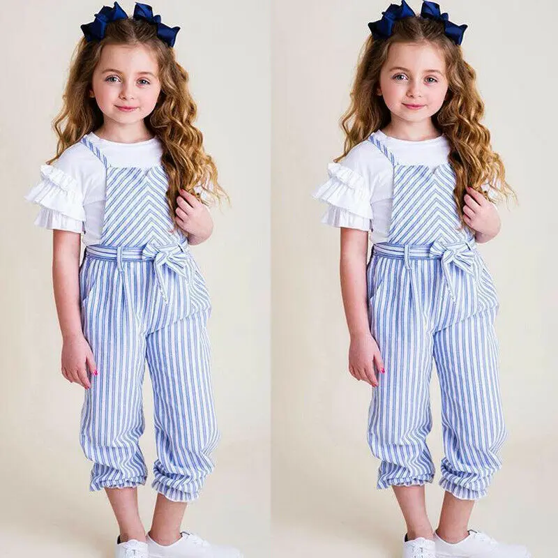 Pudcoco Toddler Baby Girl Clothes Cotton Ruffle T-Shirt Tops Striped Overalls Pants 2Pcs Outfits Summer Clothes