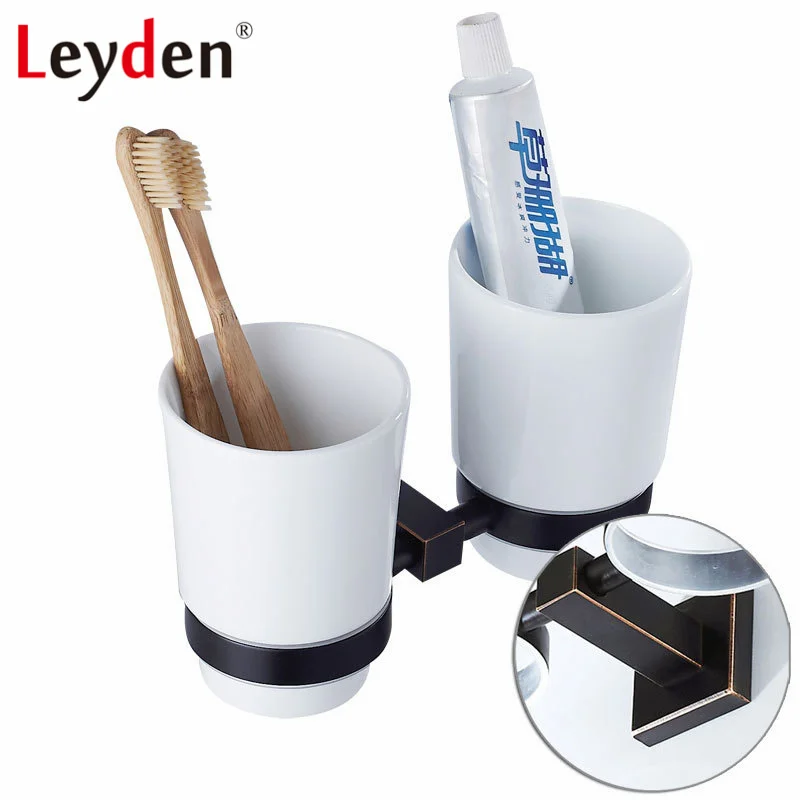

Leyden New Brass Oil Rubbed Bronze Double Toothbrush Tumbler Holder Wall Mounted Toothbrush Holder with Cup Bathroom Accessories