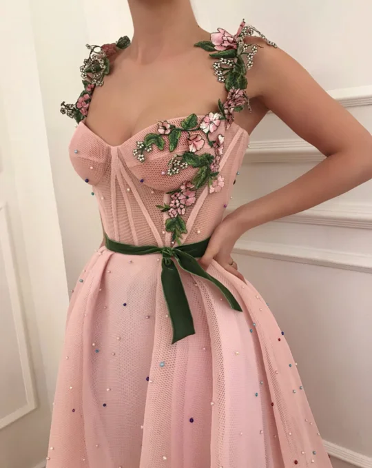 Robe de soiree Longue, арабское розовое вечернее платье, Длинные Формальные платья для выпускного вечера, на бретельках, 3D Цветочная аппликация, жемчужное пикантное вечернее платье
