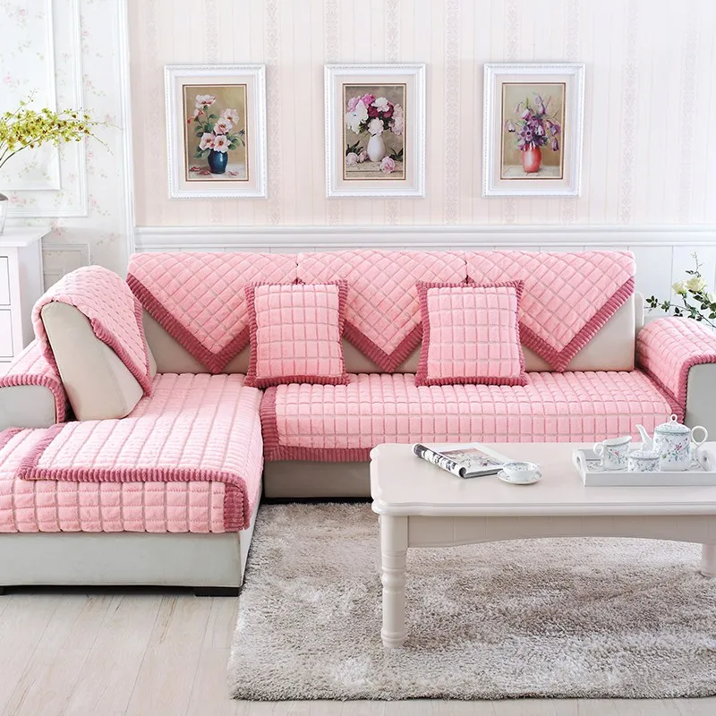 Pink Горячая диванных чехлов для Гостиная Бархат Теплый мягкий чехол анти-скользящие диванные кресло, мебель протектор текстиль пригодный для стирки - Цвет: Pink