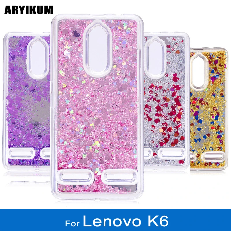 For Lenovo K6 K33a48 Case Glitter Liquid Silicone Cover Vibe Love Heart Transparent Mirror capa |