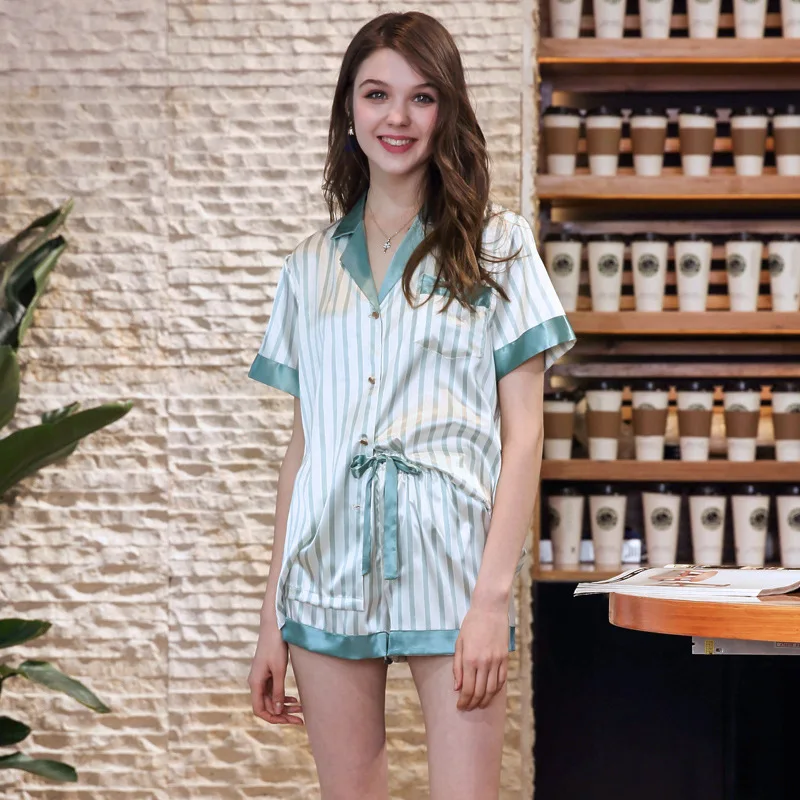 Женская модная шелковая атласная ночная рубашка с коротким рукавом и штаны, комплект из двух предметов, домашняя одежда, одежда для отдыха для студентов, J053