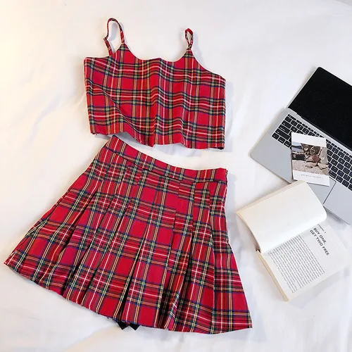 red sets Korobov, консервативный стиль, Ретро стиль, красный, в клетку, корейский, два предмета, наборы, короткая майка+ высокая талия, мини юбки, Женский комплект, Feminina 77693 - Цвет: red sets