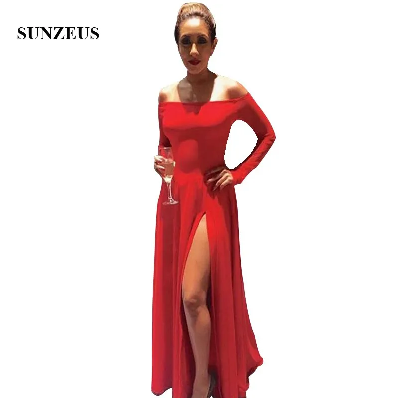 

Off Shoulder Boat Neck Long Sleeves Prom Dresses Red A-line Jersey Long Party Gowns With Side Slit Women Cocktail Dress