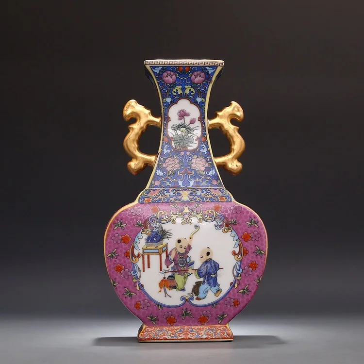 vase x 1 Эмаль Yongzheng год династии Цин Золотой плоская ваза двойной Eears античный фарфор коллекция античный фарфор - Цвет: vase x 1