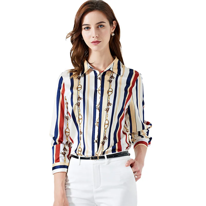 100% Mulberry Silk Shirt/Satin Blouses/Shirt Woman Long Sleeve/Slim Stripe Summer Ladies Tops/Personalized Printed Women's Shirt |