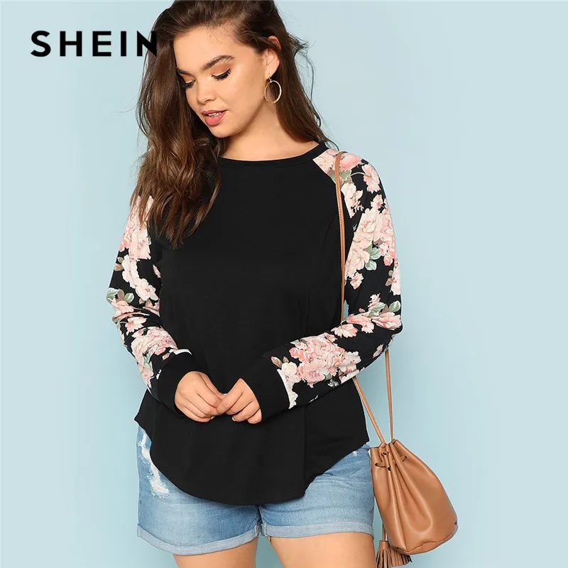 SHEIN Асимметричный Джемпер Размера Плюс С Контрастным Рукавом, Джемпер С Длинным Рукавом И Цветочным Принтом Размер Плюс