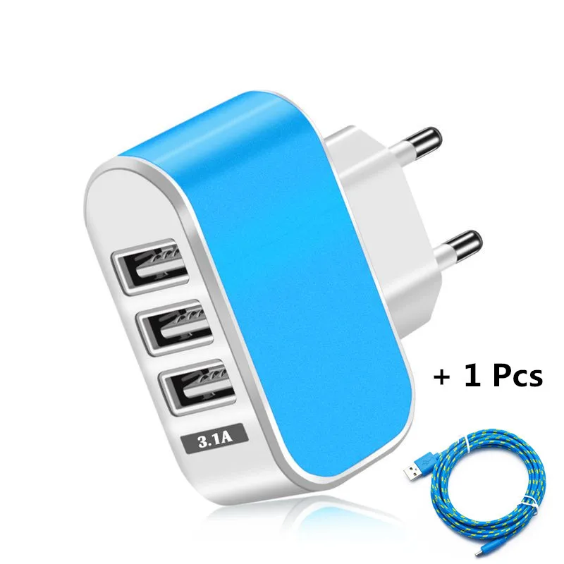 Зарядное устройство USB с 3 портами, 5 В, 2 А, сетевой адаптер питания USB для путешествий, зарядное устройство для телефона европейского стандарта для iPhone 11 Pro Max Xiaomi Mi note 10 Pro, зарядка - Тип штекера: Blue With Cable