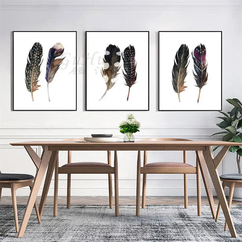 Картина маслом в скандинавском стиле с черными птичьими перьями|art poster|pop art