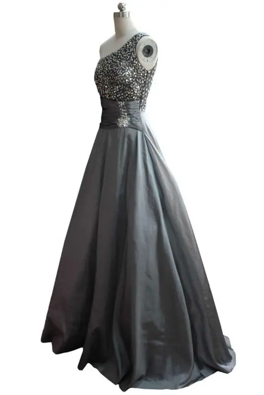 Выпускные платья 2014 Новые трапециевидные тафты на одно плечо с бусинами без