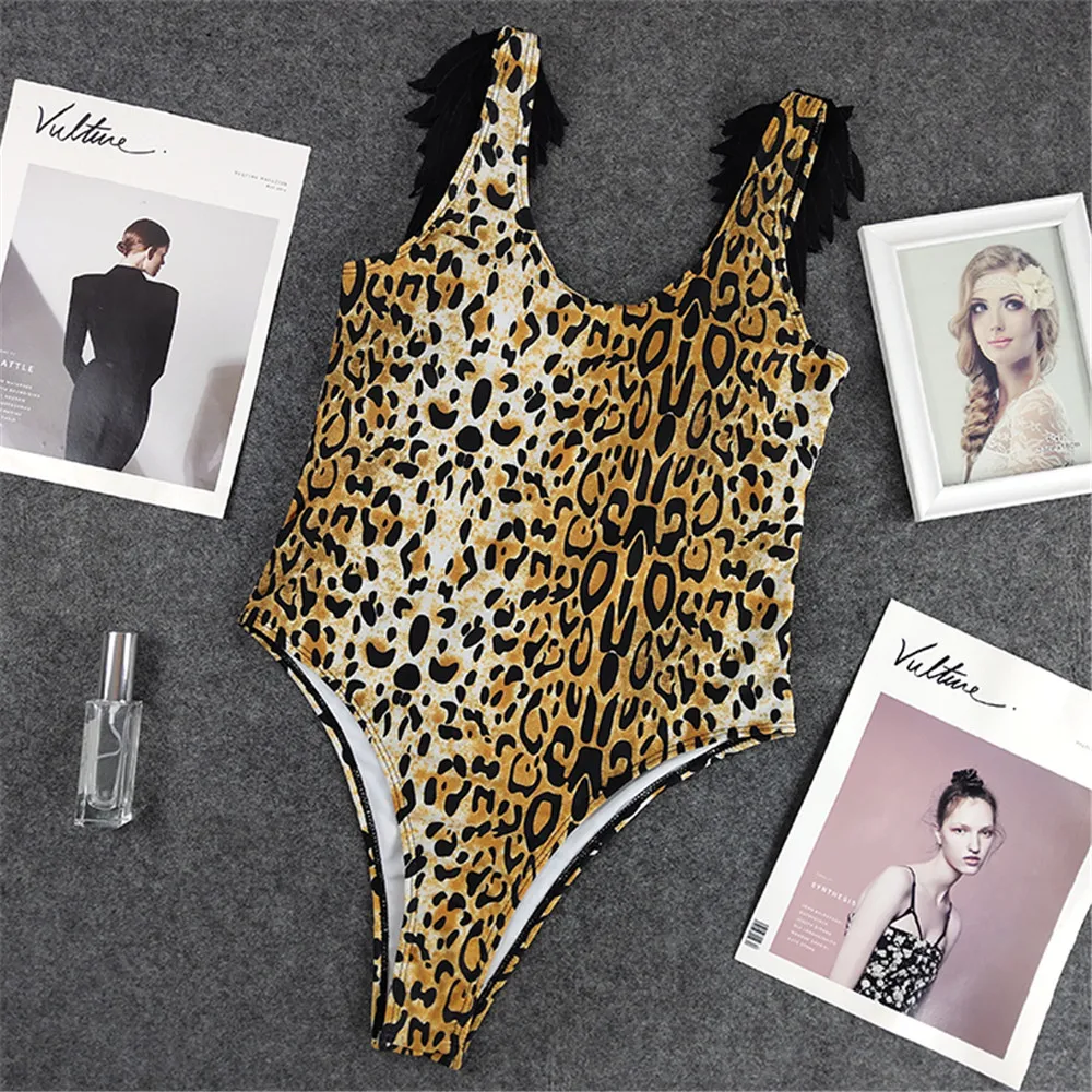 Sexy Feather Wing One Piece Swimsuit Women Solid Swimwear Open Back Monokini Lace Swim Suit Backless Bathing Suit Pad Mujer