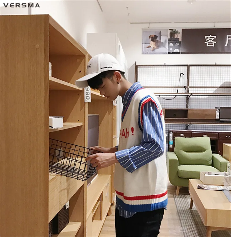 VERSMA корейский Harajuku Instagram BF письмо мужские трикотажные жилеты V образным вырезом негабаритных без рукавов свитер мужской жилет пуловер