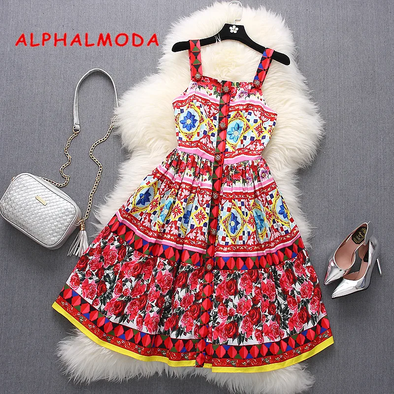 [Alphalmoda] Женская изящная роза печатных бальное платье Высокая талия однобортный