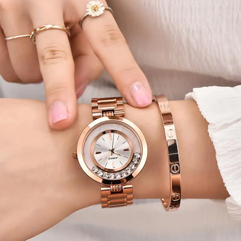 As Picture White New Aimasi Brand Women's Watches Ladies Fashion Luxury Rose Gold Stainless Steel Ball Crystal Women Rhinestone Clocks Saat - Цвет: As Picture White