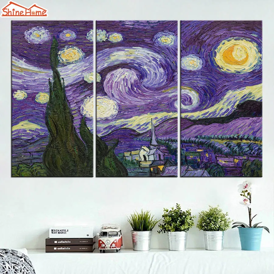 ShineHome 3pcs Van Gogh картина маслом плакат Триптих и принты на холсте звездное небо