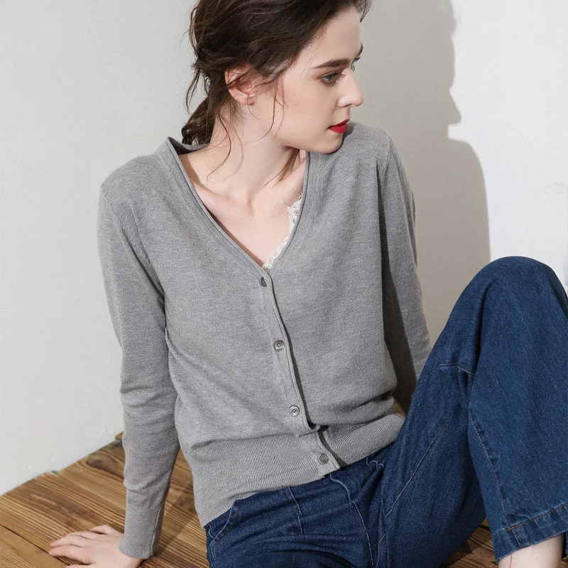 2019 new sweater women v-neck cashmere knit cardigan short versatile coat solid color wear |