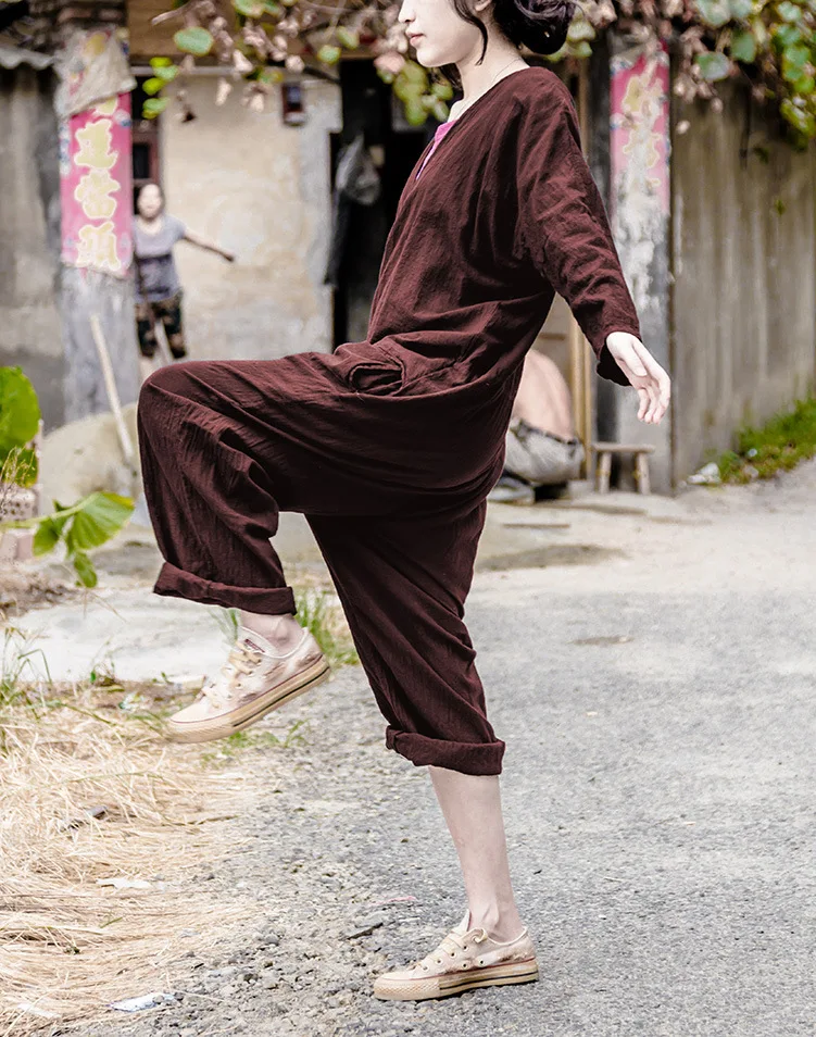 Original Design Spring and Autumn Women Cotton Linen Loose Long Sleeve Jumpsuits Chinese Style Mori jumpsuits N475 | Женская одежда
