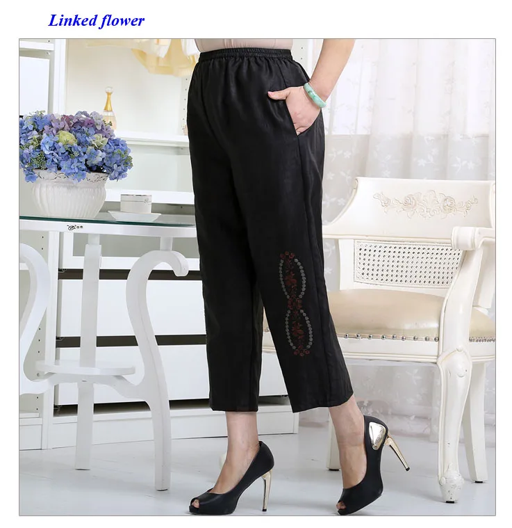 New arrival pure wateredgauze silk lady full elastic waist pants,100% Gambiered Canton embroidery pockets 8 cropped pants women