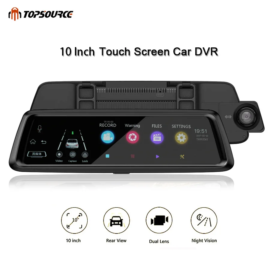 Topsource Автомобильный видеорегистратор Камера 10 &quotips HD 1080 P dvr двойной объектив тире