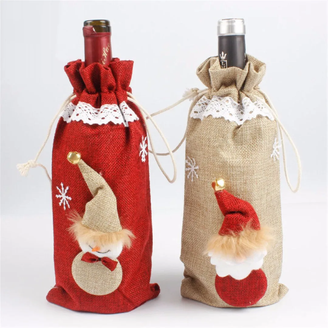 

Linen/Red Wine Bottle Cover Christmas Santa Snowman Table Party Decor Xmas Ornament Gift