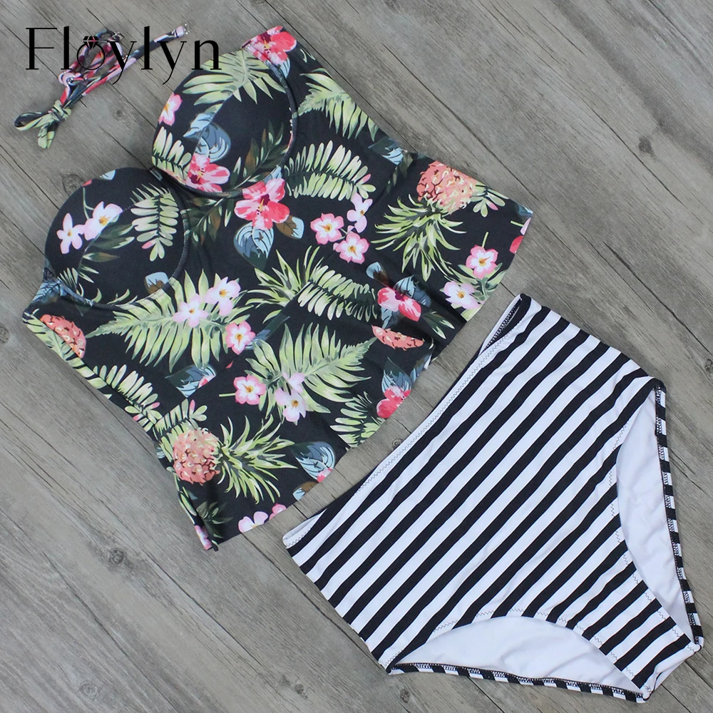 Floylyn корсет с цветочным принтом консервативные купальники бикини полосатый