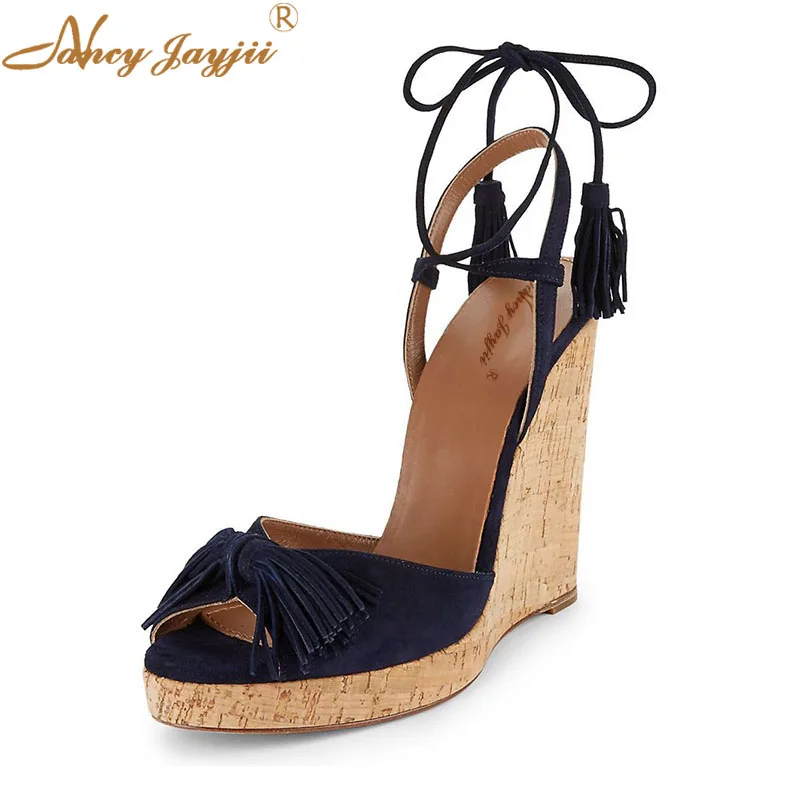 

Women Sandals Female Shoes Wedge Flock Lace-Up Ankle-Wrap Fringe Super High Wedges heel Butterfly-Knot Classics Nancyjayjii 2019