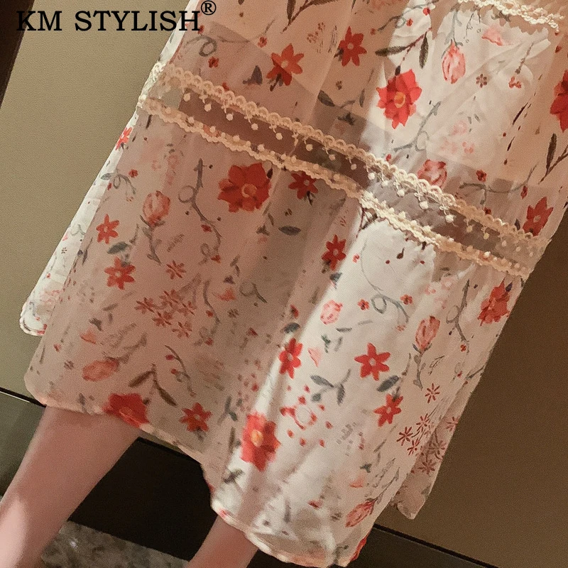 

2019 New Women Fashion Sexy V-neck Chiffon Dress Floral Print Patchwork Mesh Ruflles Elegant Slim Casual Dress For Female