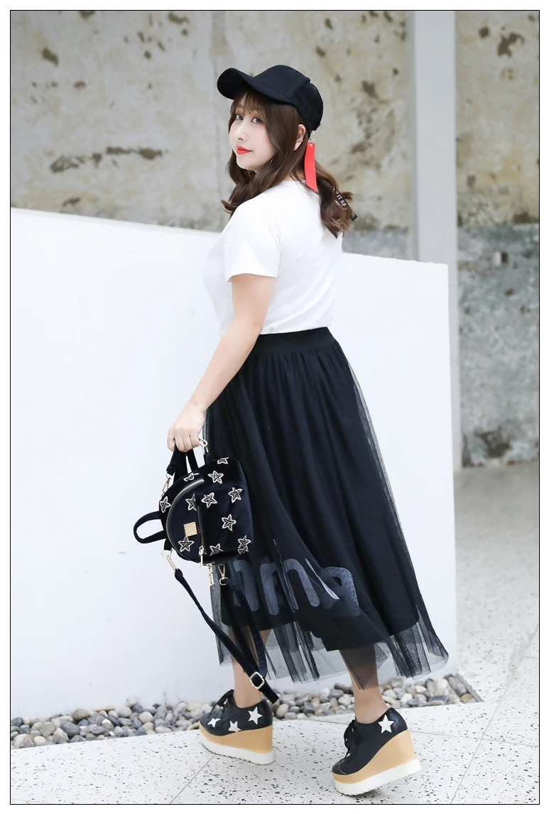 summer plus size long skirt for women casual loose elastic waist large voile mesh pleated skirts black 4XL 5XL 6XL 7XL 8XL