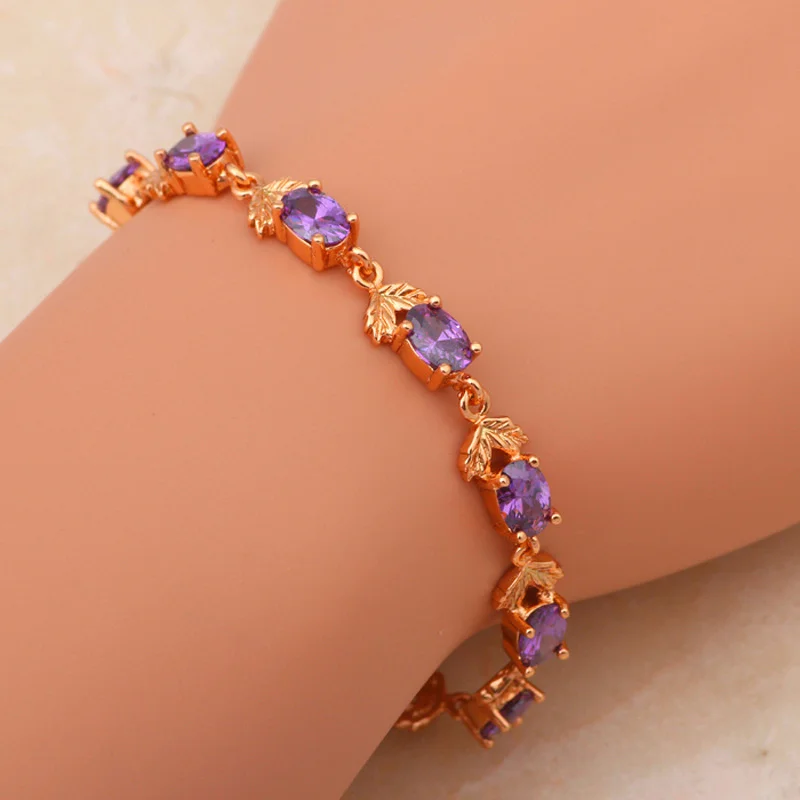 ROLILASON romantic rose pattern design violet purple crystal Zircon golden chain Bracelet wedding item Fashion jewelry TB666 | Украшения и