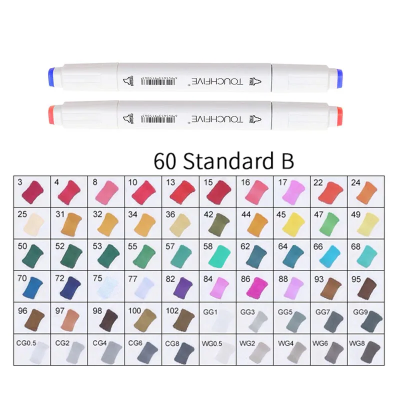 WHITE-60STANDARDB TOUCHFIVE 168 цветов художественные Маркеры Набор ручек с двойной головкой ручка для рисования манга маркер для окрашивания выдвижных ящиков поставки Студенческая ручная краска - Цвет: WHITE-60STANDARDB